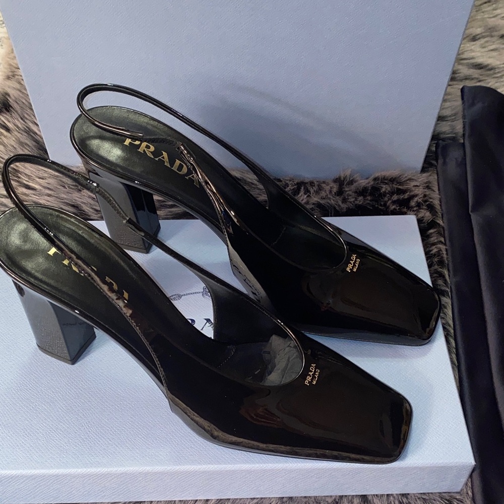 Prada Glossy Black Slingback Heels - Picture 2 of 14